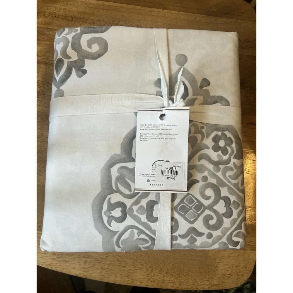 Pottery Barn Asher Medallion Organic Cotton Duvet Cover bed Gray Full Queen